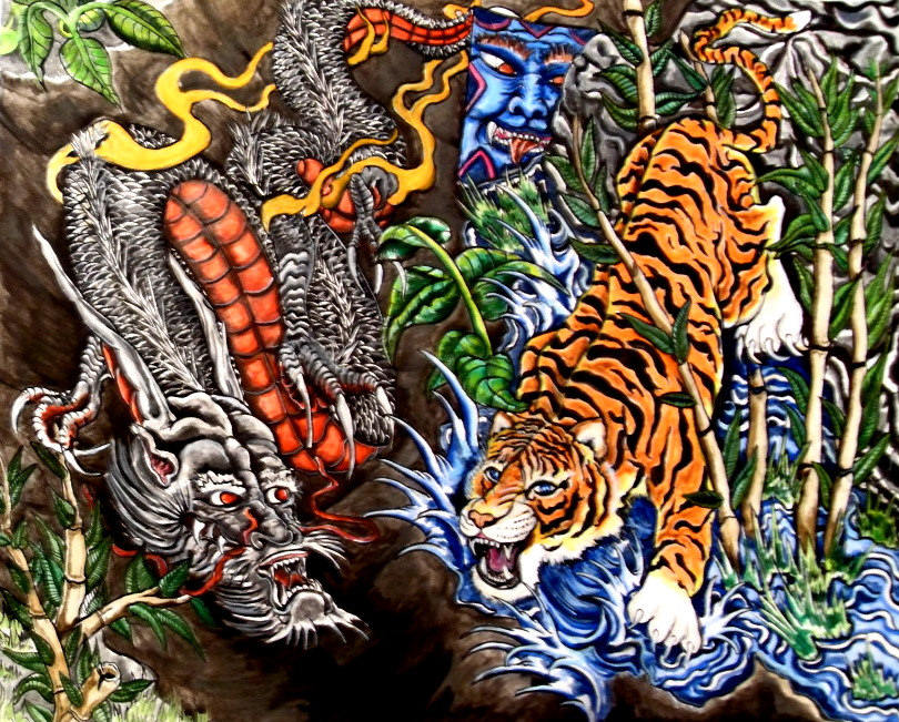 Обезьяна тигр змея. Тигр vs драгон. Японский дракон и тигр. Китайский дракон и тигр. Тату дракон и тигр.